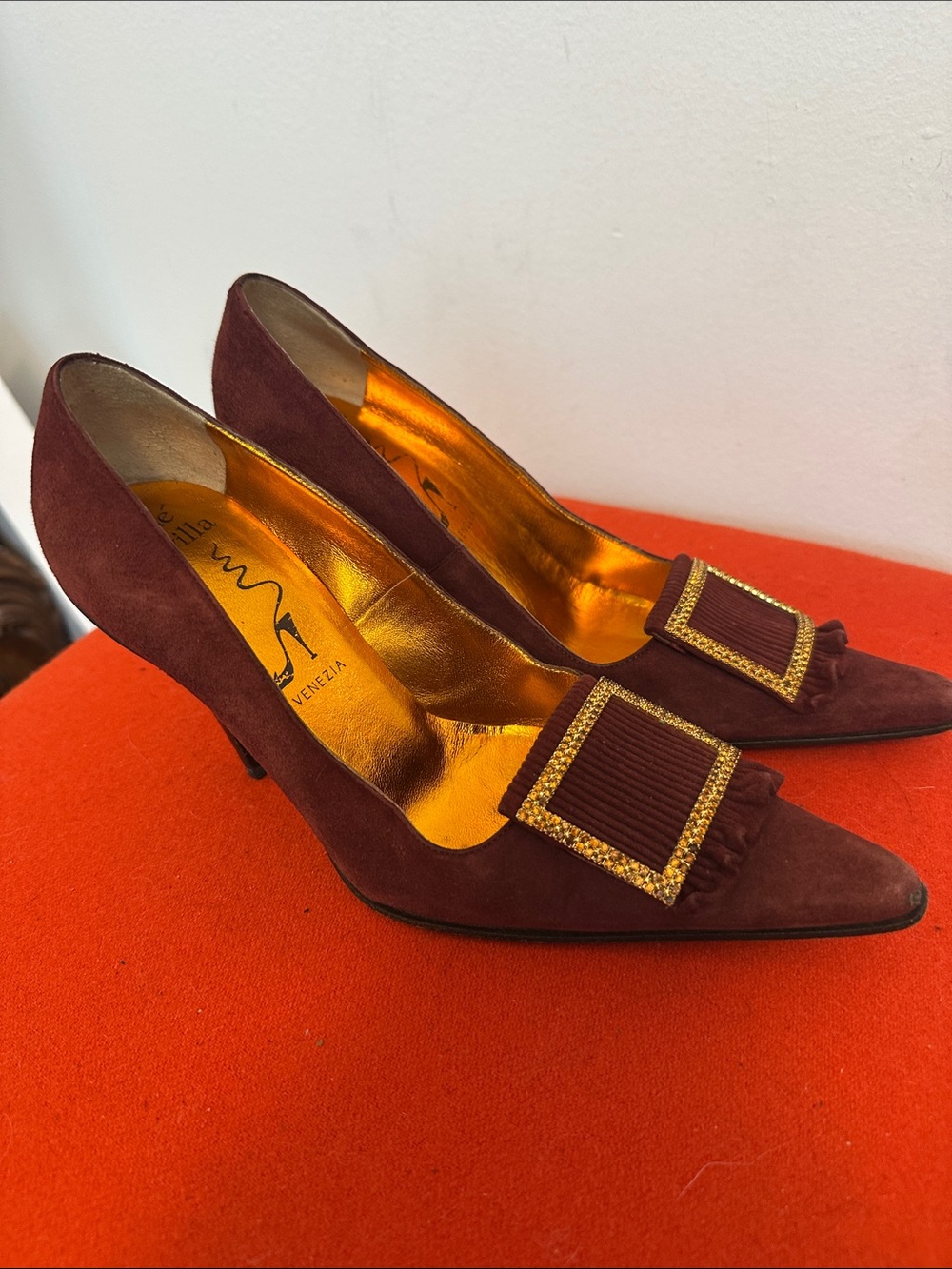 Rene caovilla Women's Suede Pointed-Toe Heels with Gold Accent